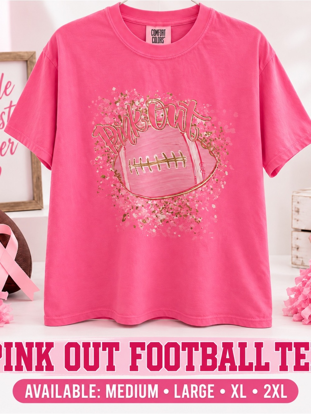 Comfort Colors Pink 'Pink Out' Football Graphic Tee with Gold Accents